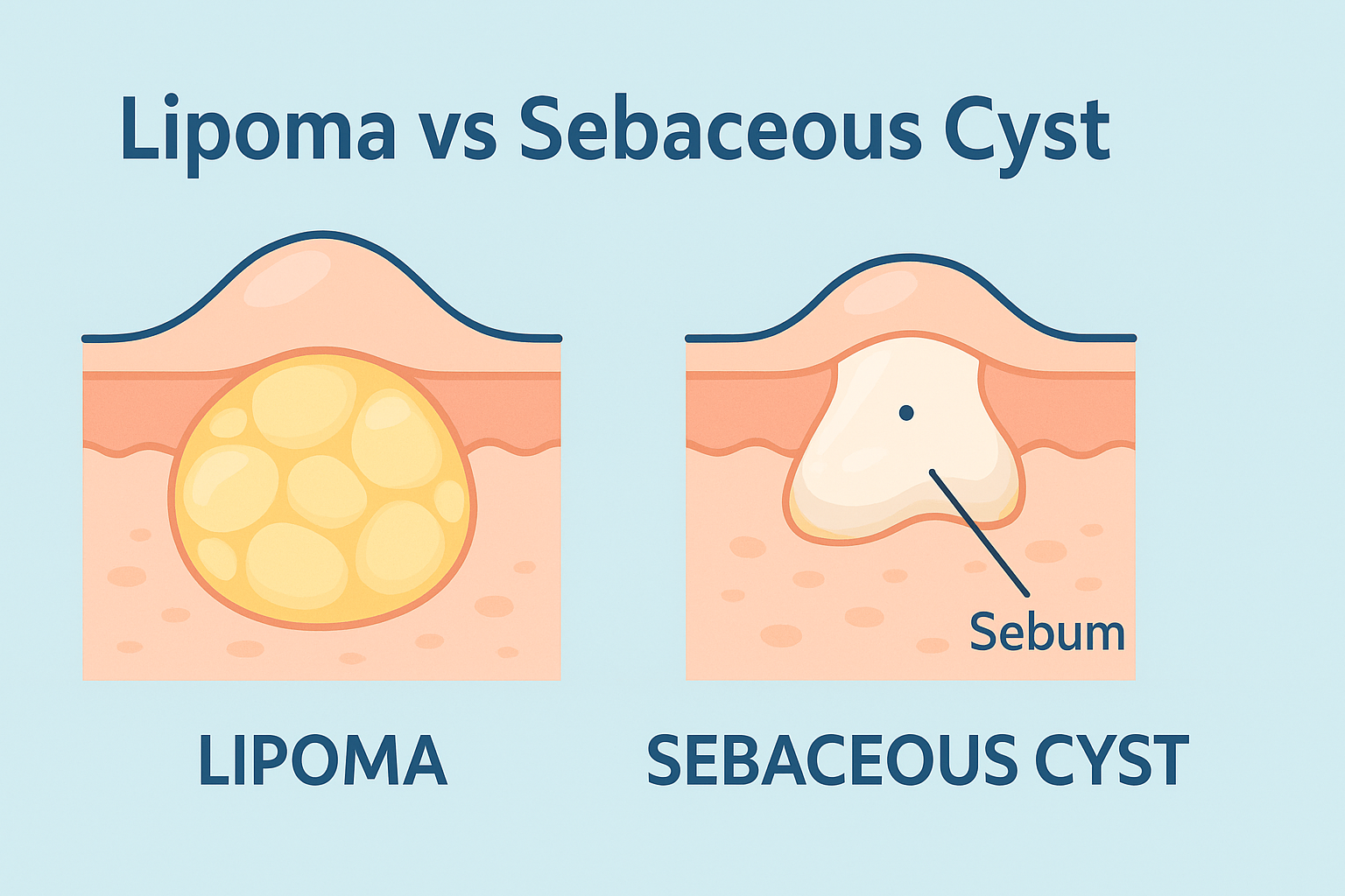 Medical illustration showing Lipoma vs Sebaceous Cyst comparison with labeled features for educational awareness.
