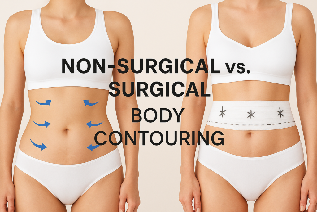 Featured banner showing a visual comparison of non-surgical vs surgical body contouring, highlighting targeted fat areas and post-surgical bandage for treatment difference.