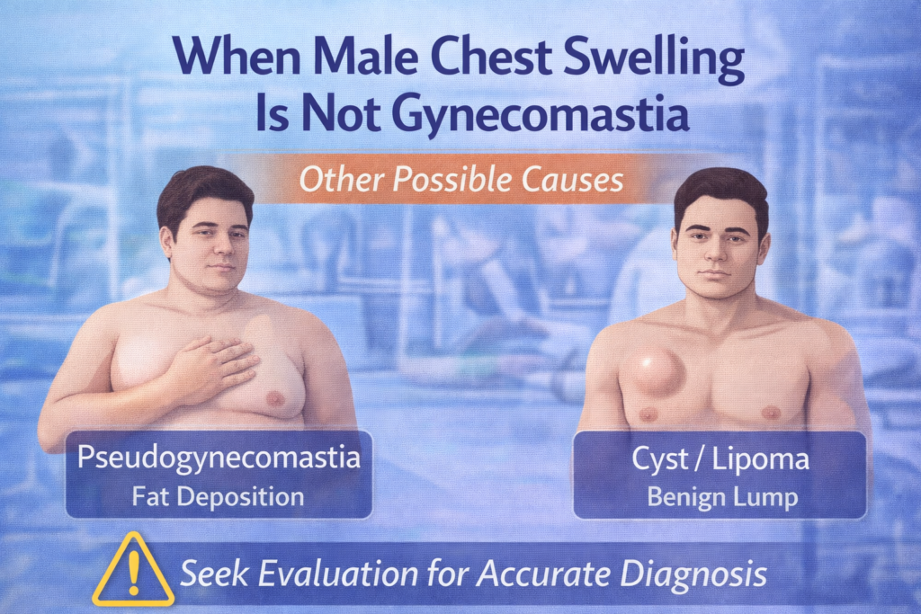 When male chest swelling is not gynecomastia illustrated with comparison between fat-related chest enlargement (pseudogynecomastia) and benign lumps such as cysts or lipomas.