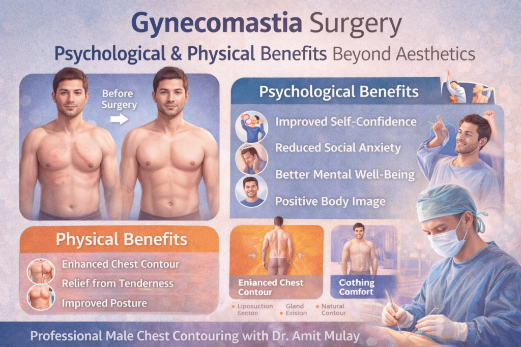 Gynecomastia surgery infographic showing male chest before and after results with psychological and physical benefits of treatment.