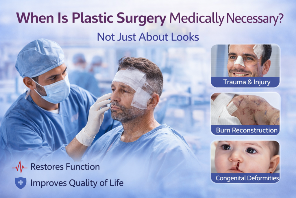 Plastic surgeon examining a patient with facial injury alongside visuals of trauma, burn reconstruction, and congenital conditions, illustrating when plastic surgery is medically necessary beyond cosmetic purposes.