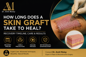 "Professional medical infographic by Dr. Amit Mulay explaining skin graft recovery, featuring a skin graft surgery procedure, healing timeline, recovery care tips, treatment outcomes, and reconstructive plastic surgery information in a premium black and gold design.