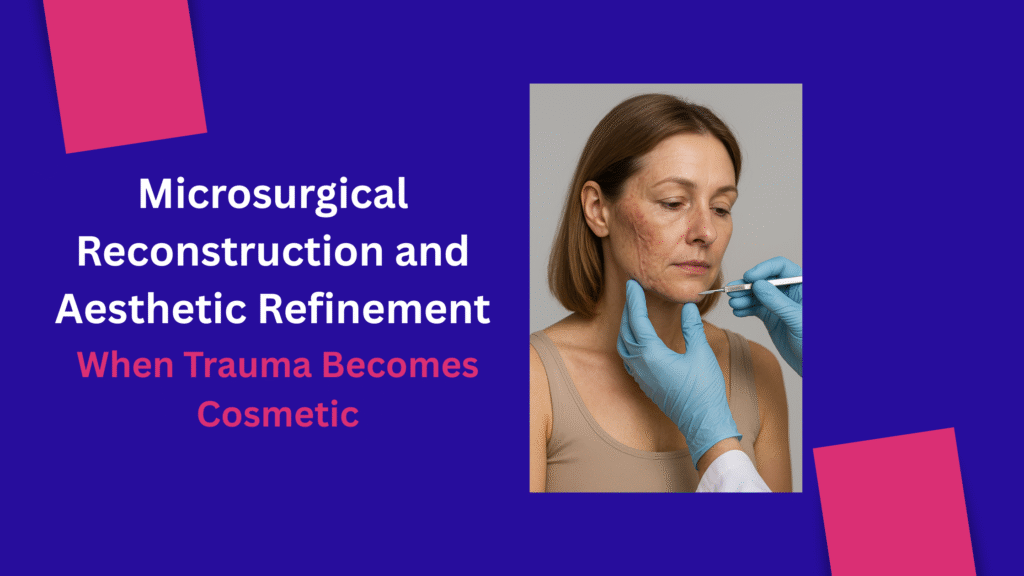 A plastic surgeon in blue gloves performing delicate facial scar revision on a woman, representing microsurgical reconstruction and aesthetic refinement after trauma.