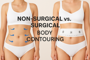 Featured banner showing a visual comparison of non-surgical vs surgical body contouring, highlighting targeted fat areas and post-surgical bandage for treatment difference.