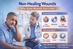Non-healing wounds explained through a medical consultation scene, showing a doctor discussing causes and warning signs of delayed wound healing with a patient.