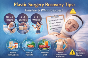 Plastic surgery recovery tips illustrated with a healing timeline, post-operative care checklist, and a patient resting after cosmetic surgery.