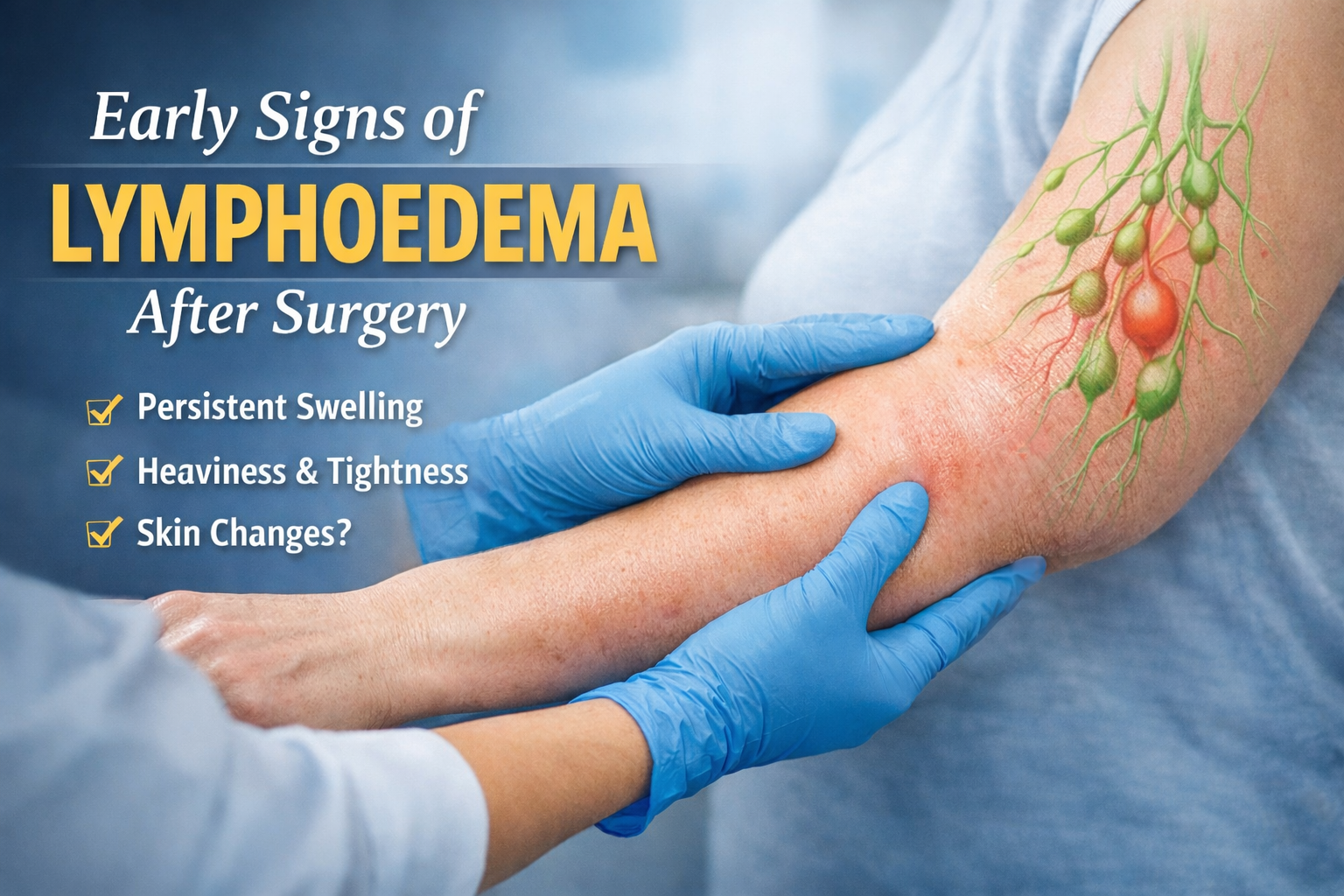 Early signs of lymphoedema after surgery showing persistent arm swelling, skin tightness, and lymphatic fluid buildup during a medical examination.