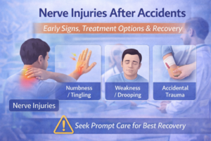 Nerve injuries after accidents illustrated with symptoms like numbness, tingling, weakness, and trauma, highlighting the importance of early diagnosis and treatment.