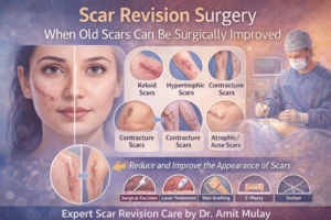 Scar revision surgery infographic showing different scar types, surgical treatments, and before-and-after skin improvement results.