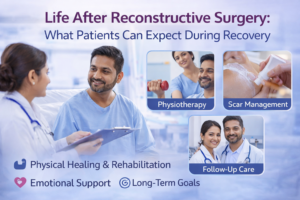 Indian patient consulting a doctor after reconstructive surgery with visuals of physiotherapy, scar management, and follow-up care, illustrating recovery after reconstructive surgery.
