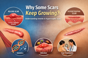 Medical illustration comparing keloid scars and hypertrophic scars with raised scar tissue, showing abnormal scar growth, causes like excess collagen, and treatment options.