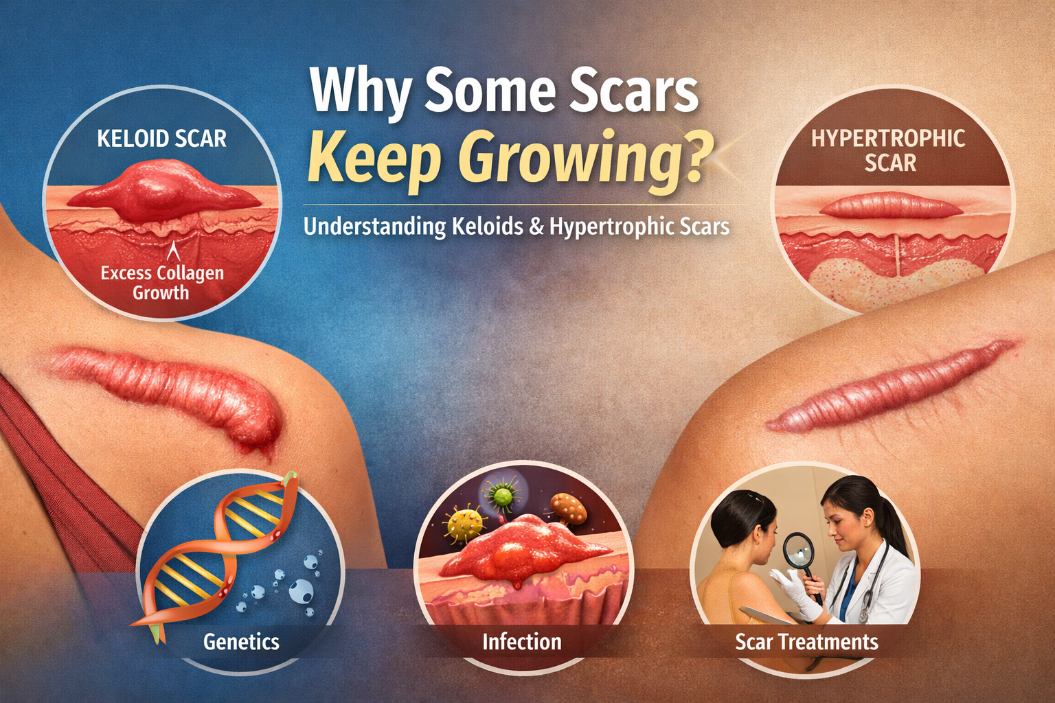 Medical illustration comparing keloid scars and hypertrophic scars with raised scar tissue, showing abnormal scar growth, causes like excess collagen, and treatment options.