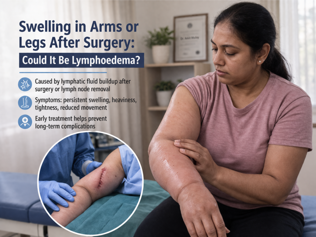 Post-surgery patient with visible swelling in arms and legs alongside medical visuals highlighting causes like surgery, radiation, and infection, representing lymphoedema symptoms and risk factors.