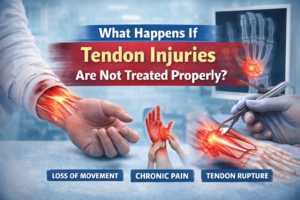 Injured hand with highlighted tendons and X-ray visuals showing pain, inflammation, and surgical repair, illustrating complications of tendon injuries not treated properly.