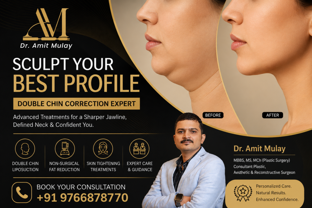 Luxury black and gold promotional banner for double chin correction treatment by Dr. Amit Mulay featuring before-and-after jawline transformation images, doctor portrait, clinic branding, and consultation contact number +91 9766878770.