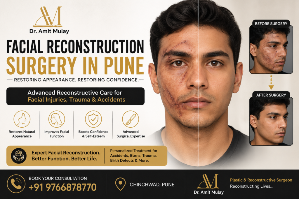 Featured image for facial reconstruction surgery in Pune showing before-and-after facial trauma recovery, advanced reconstructive surgery treatment, facial injury correction, confidence restoration, Dr. Amit Mulay branding, consultation number, and expert reconstructive care in Chinchwad, Pune.
