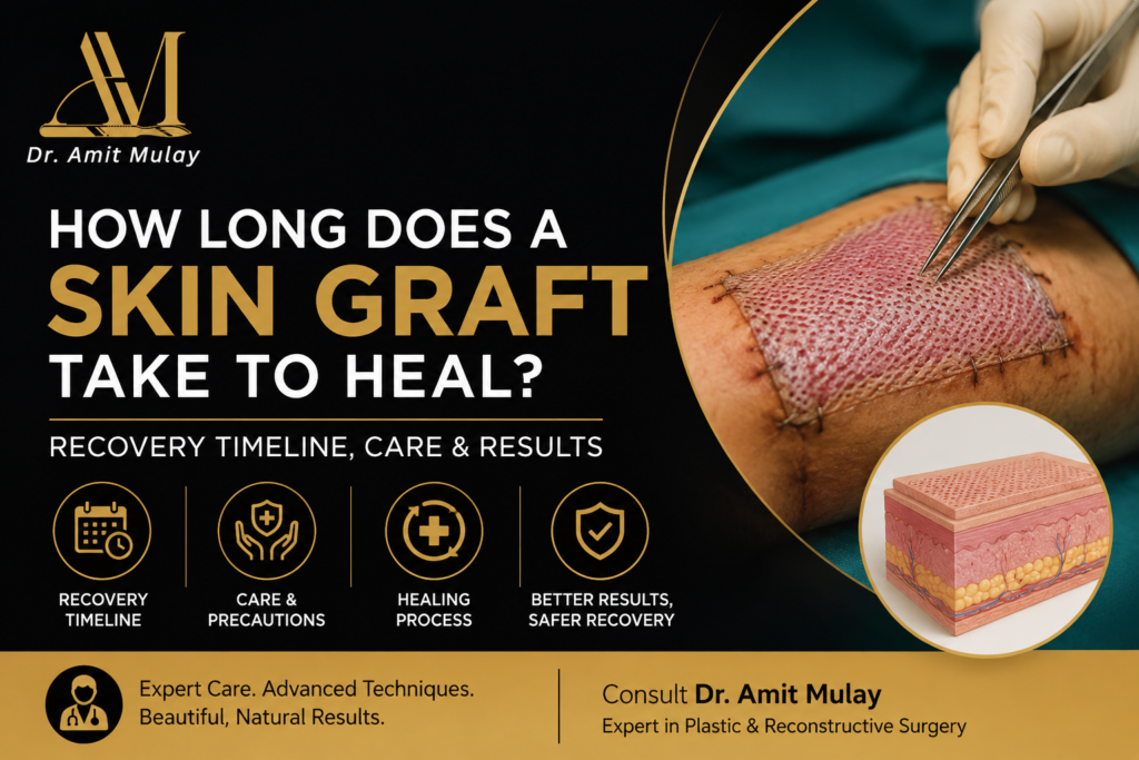 "Professional medical infographic by Dr. Amit Mulay explaining skin graft recovery, featuring a skin graft surgery procedure, healing timeline, recovery care tips, treatment outcomes, and reconstructive plastic surgery information in a premium black and gold design.